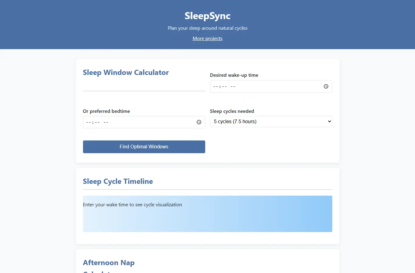 Screenshot of SleepSync - Sleep Cycle Optimizer interface showing the project page in use